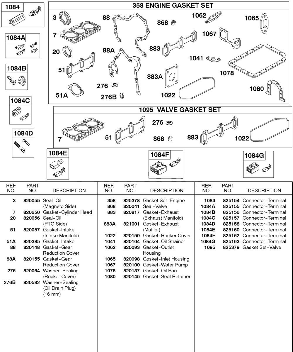 Engine/Valve Gasket Sets, Terminal Connectors Diagram and Parts List for 437447-0105-XX  Briggs and Stratton Engine
